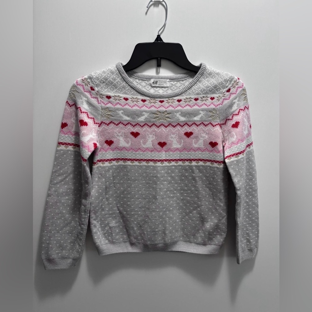 H&M Gray, Pink &‎ Red Fair Isle Reindeer Crewneck Sweater